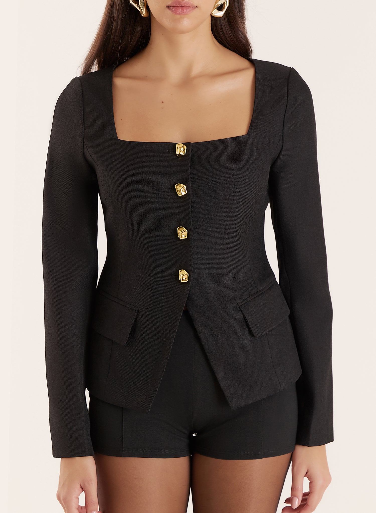 Black Square Neck Gold Buttoned Jacket
